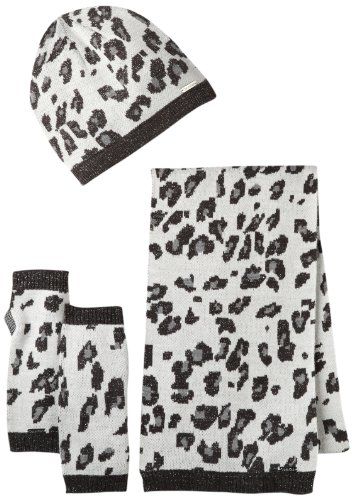 Calvin Klein Women's Leopard Print Beanie, Scarf and Fingerless Glove Set