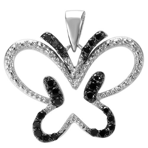 Sterling Silver Round Black & White Diamond Butterfly Ladies Pendant 1/5 CT (0.20 cttw, I-J Color, I2-I3 Clarity)