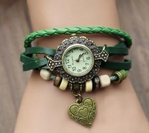 Top Seller Women Ladies Weave Wrap Bracelet Heart Pendant Quartz Retro Wrist Watch