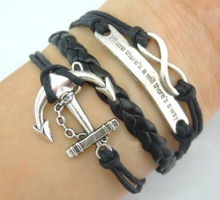 Fashion Lady Retro Infinity Wings Owl Anchor Leather Rope Bracelet Gift (Black)