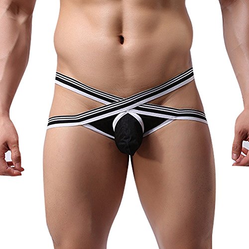 YiZYiF Men's Smooth Mesh X-string G-String Thin Open Back Bulge Pouch Underwear Black Medium