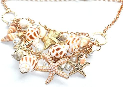 Gold Tone Sea Shell Starfish Faux Pearl Pendant Necklace