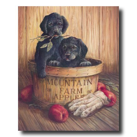 Country Apples Puppy Dogs Kids Room Animal Picture Art Print