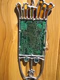 Alden Crane Cyberhead Stained Glass and Microchip motherboard fine art for your office window from Hornby Island B.C.