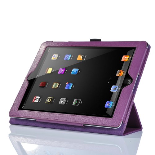 ATC Tri Fold Purple Leather Wallet Flip Stand Case + Free Screen Protector and cleaning cloth For New Ipad & Ipad 3 (Compatible With Ipad 2 )