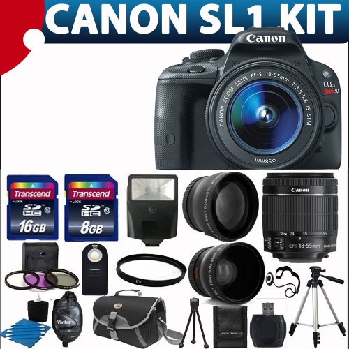 review Canon EOS Rebel SL1 18.0 MP CMOS Digital SLR Full HD 1080 Video Body with EF-S 18-55mm IS STM Lens With 58mm 2x Professional Lens +High Definition 58mm Wide Angle Lens + Auto Flash + Uv Filter Kit with 24GB Complete Deluxe Accessory Bundle