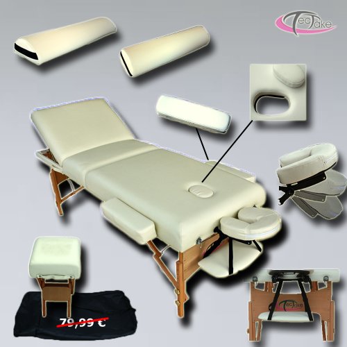 Massageliege Premium Farbe beige mit 10cm reiner Polsterung +Set4 inkl. 2 Lagerrungsrollen, Hocker & Tasche
