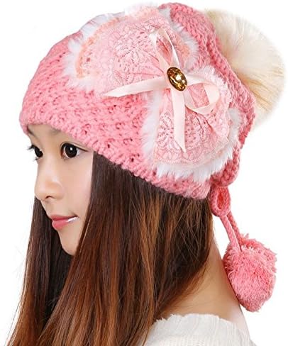 Cute Knitted Hats with Bow Flower Pink Bky4-001-6