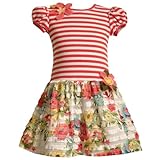 Bonnie Jean Toddler Girls 2T-4T CORAL-PINK STRIPE MULTI FLORAL TIERED RUFFLE Special Occasion Spring Summer Party Dress