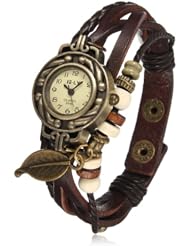 Coffee Quartz Fashion Weave Wrap Around Leather Bracelet Wristband Leaf Lady Woman Wrist Watch