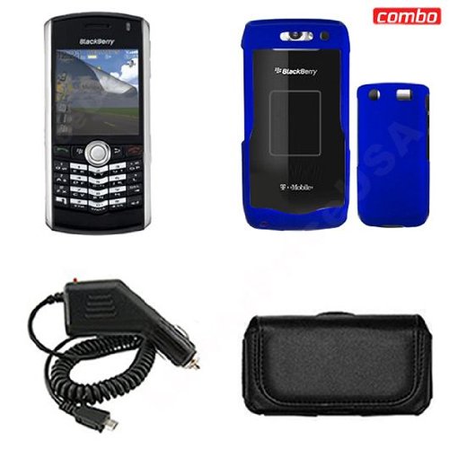 Blackberry pearl 9100 Combo Rubber Feel Dr. Blue Protective Case Faceplate Cover + LCD Screen Protector + Rapid Car Charger + Black Horizontal Leather Pouch for Blackberry pearl 9100