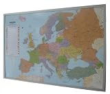 Politische Europakarte auf Kork-Pinnwand, deutsch: Europakarte zum Pinnen, Ma�stab 1:10.350.000 Mio., mit 12 Pinnf�hnchen mit silberfarbenen Holzrahmen