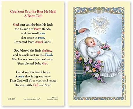 25PC/CARDS Laminated Cardstock -- 2.625" W x 4.375" H, Baptismal - Girl (God Sent You the Best He Had - Baby Girl) Holy Card