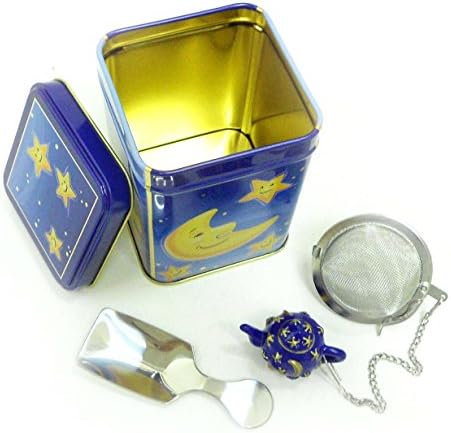 Stainless Steel Mesh Tea Ball with Teapot Shaped Polyresin Figure, a Tea Caddy, and a Tin Canister (Blue, Capacity: 100g (Approx. 3.5 ounces))