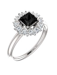 14K White Gold Princess Cut Black and White Diamond Flower Inspired Ring -- LIFETIME WARRANTY