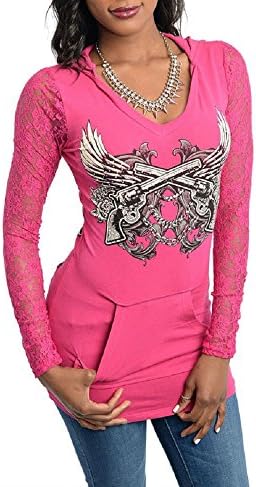 Junior's Graphic Print Lace Hoodie Top (X-Large, Fuchsia)