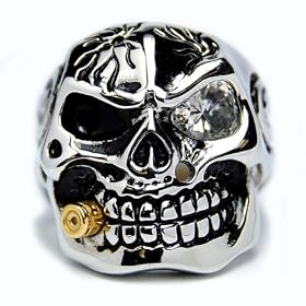 Casted Stainless Steel Skull Ring with Cubic Zirconia & Bullet Size 9