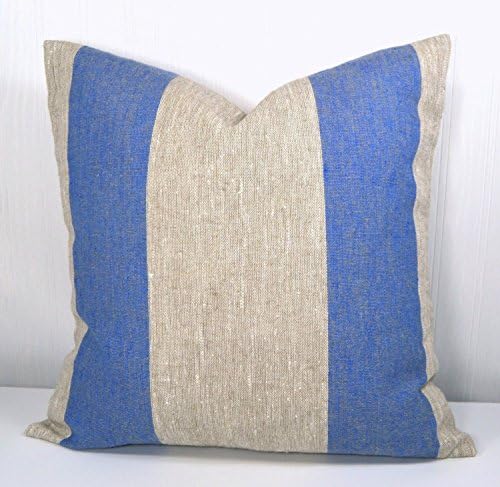 Pillow Cover 18x18 Farmhouse Linen Natural and Blue Wide Stripe