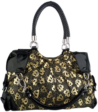 Golden Royal Fleur-de-lis Printed Designer Inspired Convertible Hobo Satchel Tote Bag Purse Handbag w/Quad Handles