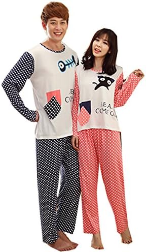 KM Couple Pure Cotton Pyjamas Long Sleeve Nightwear Set #8 Dots (Male L)