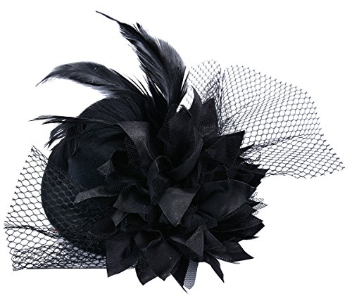 Fascinator Mini Top Hat Hair Clip Flower Feather Pillbox Hat for Women Black