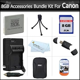 8GB Accessories Kit For Canon PowerShot ELPH 100 HS, ELPH 300 HS ELPH 310 HS Digital Camera Includes 8GB High Speed SD Memory Card + Extended (900 maH) Replacement Canon NB-4L Battery + AC/DC Charger + Hard Case + USB 2.0 Reader + Screen Protectors + More