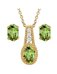 1.88 Ct Oval Green Peridot 14K Yellow Gold Pendant Earrings Set