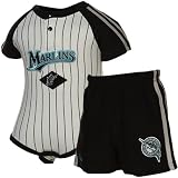MLB Majestic Florida Marlins Infant Black-White Pinstripe Creeper & Shorts Set (6-9 Months)