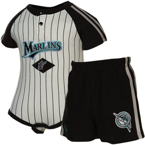 Majestic Florida Marlins Infant Black-White Pinstripe Creeper & Shorts Set (6-9 Months)