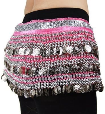 Multi-Row Silver Coins Belly Dance Wrap &amp; Hip Scarf, Simple Classical Style -hot pink by HSF