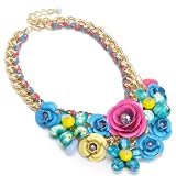 Modetrend damen bling-bling Schmuck Halskette mit blauen und roten Blumen Anhaengern statement Schmuck