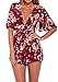 Lanzom® Women's Red Boho V Neck Floral Print Romper Jumpsuit with Belt