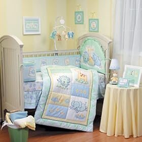 Day At the Zoo 10-piece Nursery Jungle , Animals Crib Bedding Set (Headboard,comforter,crib Sheet, Crib Ruffle,lamp, Musical Mobile, 2 Piece Wall Art,pillow, Keepsake Certificate )