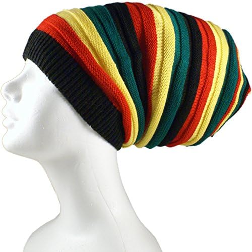 Rasta Dread Knit Tam Hat - "Dreadlocks Cap" (Long Black/Red/Yellow/Green, Thick Stripe, Brimless)