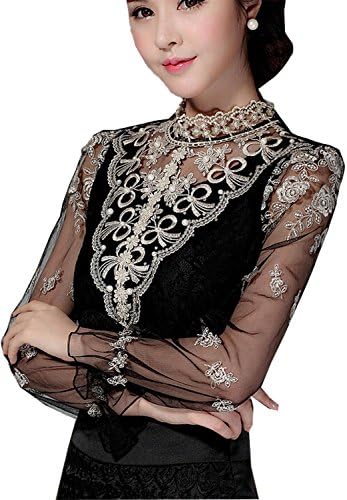 hendeo Women's Lace Spliced Shirt Long Sleeve Stand Collar Tops Blouse GauzeUS6=L