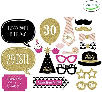 TPARTYCOM Gold and Pink 30th Birthday Photo Booth Props Kit - 20 Count