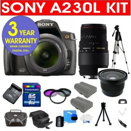 Sony A230L 10.2 MP Digital SLR Camera with 18-55mm Lens + Sigma 70-300MM Macro Zoom Lens + High Definition .40X Super Wide Fisheye Lens + High Capacity Li-Ion Battery + 8 GB Memory Card + 50