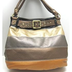 Metallic Bronze Striped Shoulder Bag Brass Accents