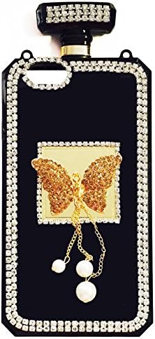 Stylish Crystal Diamond Rhinestones 3D Luxury Shining Butterfly Perfume Bottle Phone Case with Gold/Black Leather Chain (Gold/Gold Gems iPhone 6)