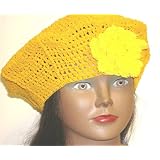 Hand Crocheted Gold Color Rayon Cotton Gimp Donna Klein Beret Trimmed with Crocheted Bright Yellow... at Gita