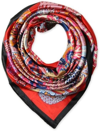 Corciova® 35" Silk-like Big Square Scarf 35 x 35 (Flowers black edge red background)
