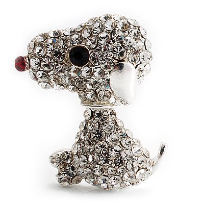 Cute Clear Crystal Puppy with Red Tongue Brooch (Silver Tone)
