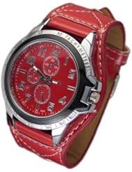 2013Newestseller Unisex Women/Men Round Face Leather Band Quartz Wristwatch White Red