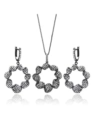 Nickel Free Sterling Silver Necklace & Earring Sets Black Rhodium Open Circle Wave Cubic Zirconia Stones Set Pendant 35Mm Earring 30Mm Chain 16-18 Inches