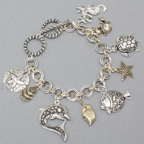 Womens Bracelet, Sea Life, Fish, Turtle, Starfish, Dolphin, Silver & Gold Tone, Size : 1 1/2" H, 7" + 1 1/2" L