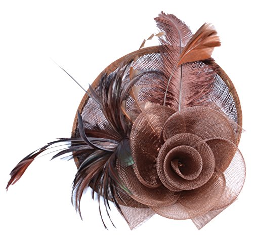 Womens Feather Mesh Fascinator Hat with Headband Brown