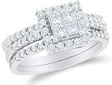 14K White Gold Large Diamond Halo Ladies Bridal Engagement Ring with Matching Wedding Band Two 2 Ring Set - Square Princess Shape Center Setting w/ Invisible Set Princess Cut & Round Diamonds - (1.00 cttw)