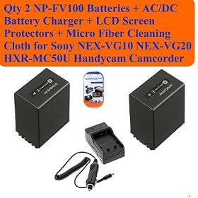 Deluxe Package Includes- Qty 2 Np-fv100 Batteries + Ac/dc Battery Charger + LCD Screen Protectors + Micro Fiber Cleaning Cloth for Sony Nex-vg10 Nex-vg20 Hxr-mc50u Handycam Camcorder