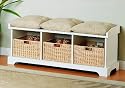 White Storage Bench Wicker Baskets Seat Cushions Wood