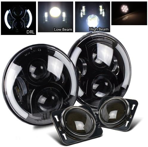 7 Inch Round CREE Black LED Projector Headlight and 3.5W 7pcs 3030 SMD Side Marker(Smoke White) for Jeep JK TJ LJ CJ